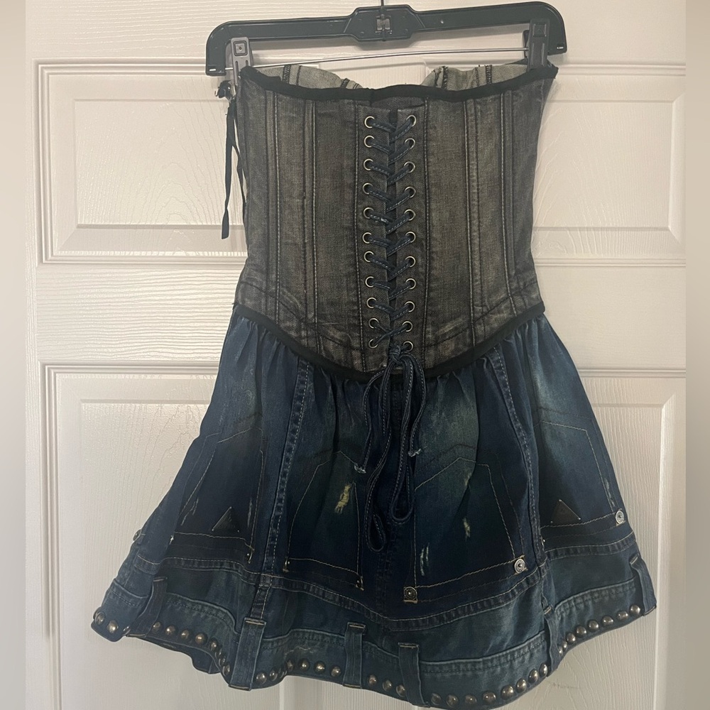 GUESS JEANS NATAZHA DENIM DRESS 1 XS 0 limited edition corset formal distressed - Picture 3 of 3